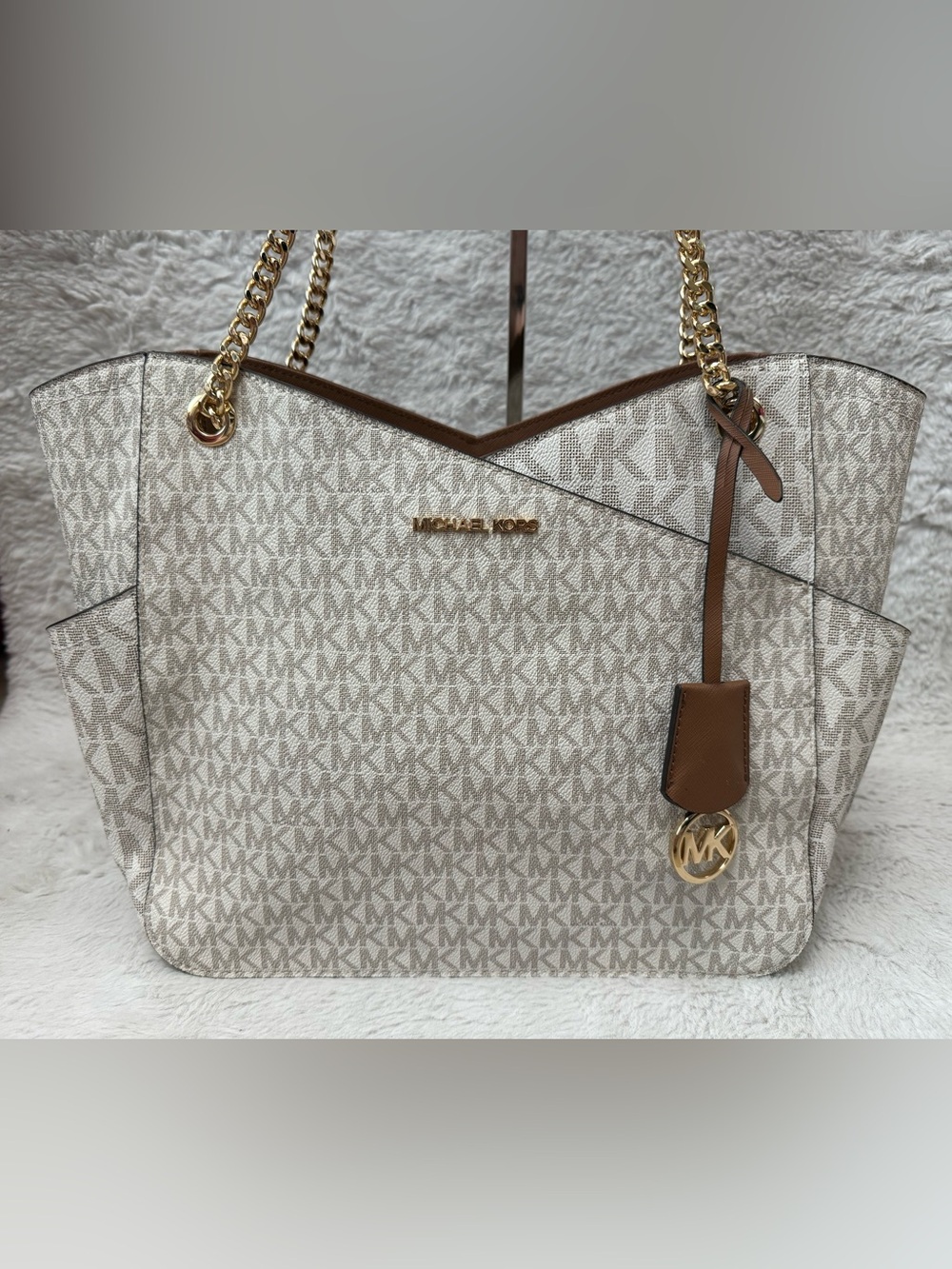 Michael Kors Jet Set Large Beige Logo Shoulder bag with Brown Trim/Gold Accents